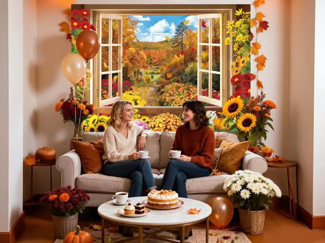 Alt view image 4 of 7 - Fall Window Backdrop Autumn Forest Window Landscape Photography Background | 8x6ft Maple Leaves Garden Flowers Sunflowers Chrysanthemums Banner, Thanksgiving Party Decor Supplies