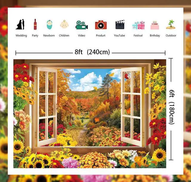 Alt view image 7 of 7 - Fall Window Backdrop Autumn Forest Window Landscape Photography Background | 8x6ft Maple Leaves Garden Flowers Sunflowers Chrysanthemums Banner, Thanksgiving Party Decor Supplies