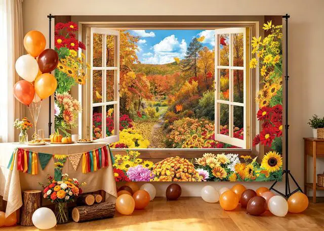 Alt view image 5 of 7 - Fall Window Backdrop Autumn Forest Window Landscape Photography Background | 8x6ft Maple Leaves Garden Flowers Sunflowers Chrysanthemums Banner, Thanksgiving Party Decor Supplies