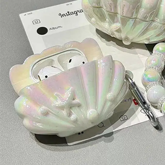 Alt view image 3 of 6 - Case for AirPods 2nd/1st Generation with Pearl Wrist Chain,Beautiful Creative Glitter 3D Headphone Protective Shell for Air Pod 1 & 2 Cover for Girls Women (Seashell)