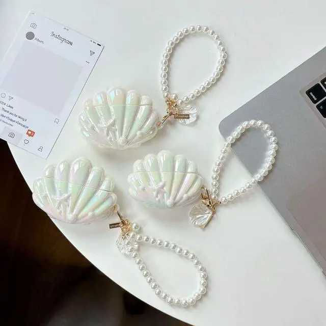 Alt view image 6 of 6 - Case for AirPods 2nd/1st Generation with Pearl Wrist Chain,Beautiful Creative Glitter 3D Headphone Protective Shell for Air Pod 1 & 2 Cover for Girls Women (Seashell)