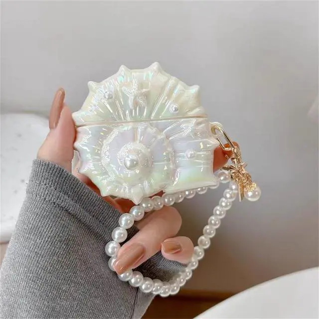 Alt view image 2 of 6 - Case for AirPods 2nd/1st Generation with Pearl Wrist Chain,Beautiful Creative Glitter 3D Headphone Protective Shell for Air Pod 1 & 2 Cover for Girls Women (Conch)
