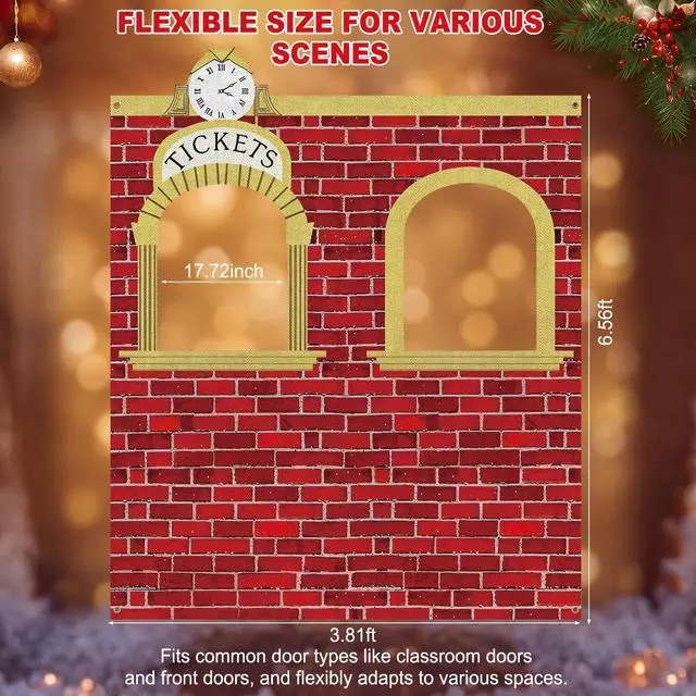 Alt view image 2 of 6 - 5.4 x 6.6 ft Christmas Express Train Ticket Station Door Curtain Christmas Ticket Hall Door Cover Birthday Party Photo Backdrops Train Depot Banner for Classroom Home Wall Decor