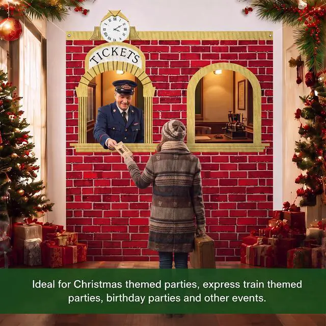 Alt view image 4 of 6 - 5.4 x 6.6 ft Christmas Express Train Ticket Station Door Curtain Christmas Ticket Hall Door Cover Birthday Party Photo Backdrops Train Depot Banner for Classroom Home Wall Decor