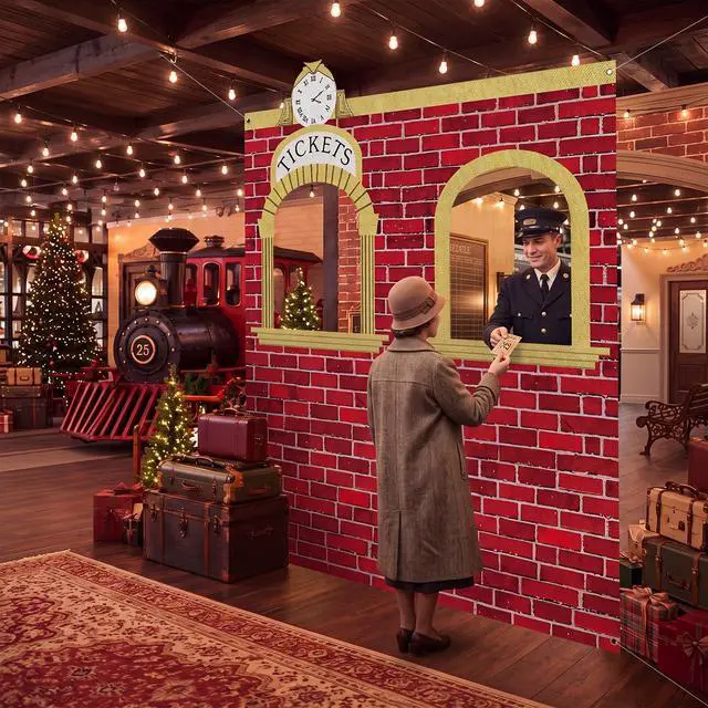 Alt view image 6 of 6 - 5.4 x 6.6 ft Christmas Express Train Ticket Station Door Curtain Christmas Ticket Hall Door Cover Birthday Party Photo Backdrops Train Depot Banner for Classroom Home Wall Decor
