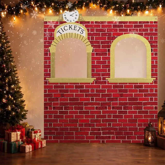 Alt view image 5 of 6 - 5.4 x 6.6 ft Christmas Express Train Ticket Station Door Curtain Christmas Ticket Hall Door Cover Birthday Party Photo Backdrops Train Depot Banner for Classroom Home Wall Decor