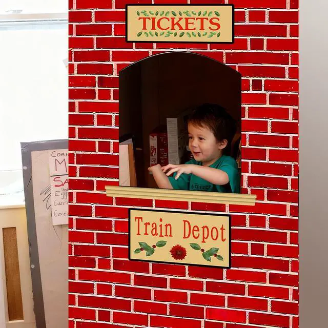 Alt view image 5 of 7 - 8.2 x 3.9 ft Christmas Express Train Ticket Station Door Curtain | Christmas Ticket Hall Door Cover, Train Birthday Party Photo Backdrop, Train Depot Sign Banner for Classroom Home Decor