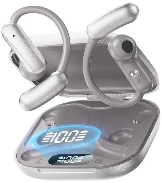 Main image of Open Ear Headphones, Bluetooth 5.4 Wireless Earbuds with Mic, Lightweight Ear Hook Sports Headphones, LED Display Charging Case, IPX5 Waterproof for Running, Workout, Gym, Cycling(Silver)