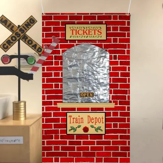 Alt view image 6 of 7 - 8.2 x 3.9 ft Christmas Express Train Ticket Station Door Curtain | Christmas Ticket Hall Door Cover, Train Birthday Party Photo Backdrop, Train Depot Sign Banner for Classroom Home Decor