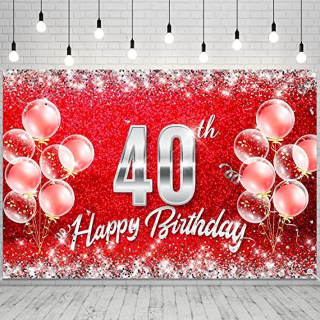 Alt view image 3 of 3 - Red and Silver Happy 40th Birthday Backdrop Banner Decorations for Women Men 40 Years Old Bday Background Photography Party Decor Sign Supplies