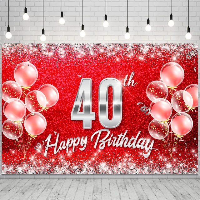 Main image of Red and Silver Happy 40th Birthday Backdrop Banner Decorations for Women Men 40 Years Old Bday Background Photography Party Decor Sign Supplies