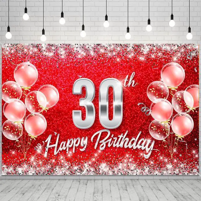 Main image of Red and Silver Happy 30th Birthday Backdrop Banner Decorations for Women Men 30 Years Old Bday Background Photography Party Decor Sign Supplies