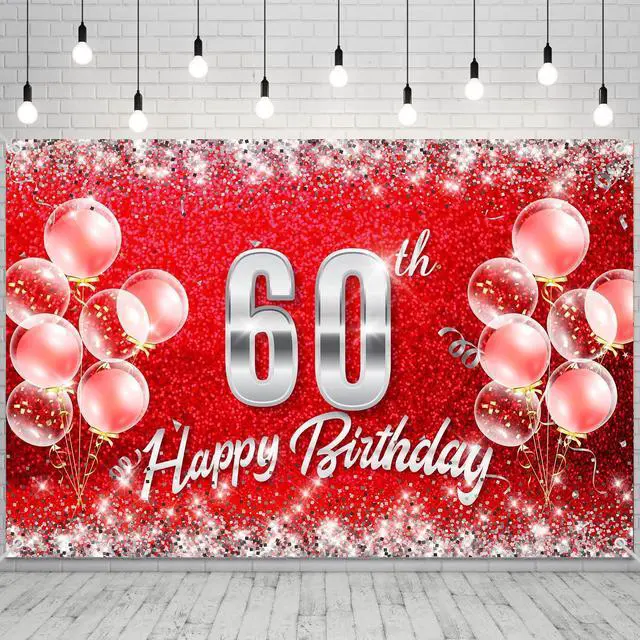 Main image of Red and Silver Happy 60th Birthday Backdrop Banner Decorations for Women Men 60 Years Old Bday Background Photography Party Decor Sign Supplies