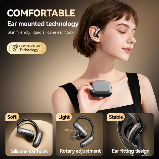 Alt view image 5 of 6 - Open Ear Headphones, Bluetooth 5.4 Wireless Earbuds with Mic, Lightweight Ear Hook Sports Headphones, LED Display Charging Case, IPX5 Waterproof for Running, Workout, Gym, Cycling (Black)