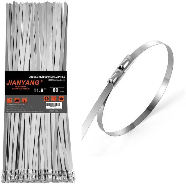 Main image of Metal Zip Ties 11.8 Inch 304 Stainless Steel Zip Ties Multi-Purpose Self-Locking Double Headed Heavy Duty Cable Ties 300LBS for Exhaust Wrap, Machinery, Vehicles, Farms and Outdoor Fence 80 Pack