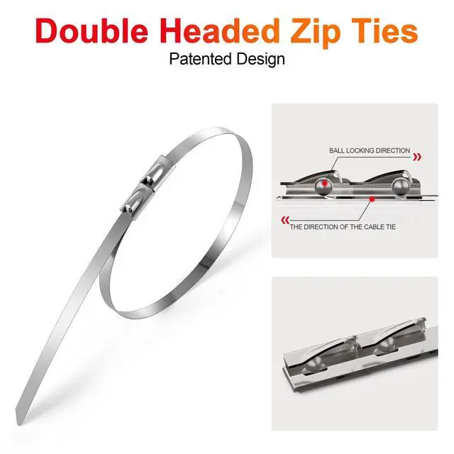 Alt view image 2 of 7 - Metal Zip Ties 11.8 Inch 304 Stainless Steel Zip Ties Multi-Purpose Self-Locking Double Headed Heavy Duty Cable Ties 300LBS for Exhaust Wrap, Machinery, Vehicles, Farms and Outdoor Fence 80 Pack