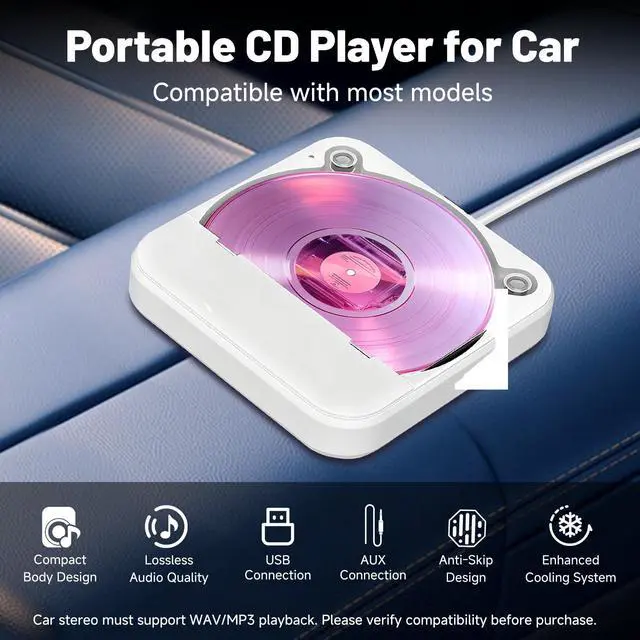Alt view image 2 of 7 - CD Player for Car, Portable External Universal Car CD Player with USB/AUX Port,Anti-Skip,Extra USB Extension Cable,Plug & Play for Vehicle, Laptop, TV, Computer,Compatible with Android 4.4+