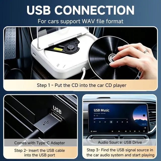 Alt view image 4 of 7 - CD Player for Car, Portable External Universal Car CD Player with USB/AUX Port,Anti-Skip,Extra USB Extension Cable,Plug & Play for Vehicle, Laptop, TV, Computer,Compatible with Android 4.4+