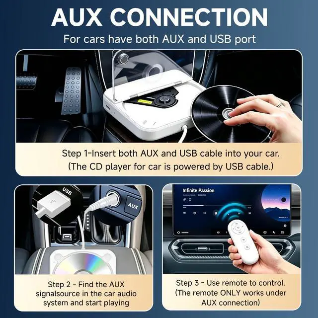 Alt view image 5 of 7 - CD Player for Car, Portable External Universal Car CD Player with USB/AUX Port,Anti-Skip,Extra USB Extension Cable,Plug & Play for Vehicle, Laptop, TV, Computer,Compatible with Android 4.4+