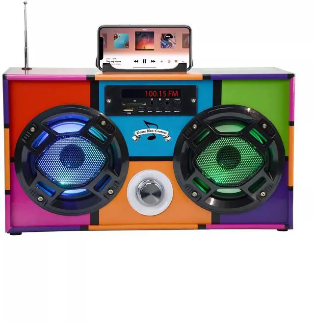 Main image of Retro Boombox Bluetooth Speaker, Music Player w/FM Radio & LED Lights | Retro Speaker with LED Lights, Rechargeable Portable Bluetooth Speaker with USB & SD, AUX & Remote Control