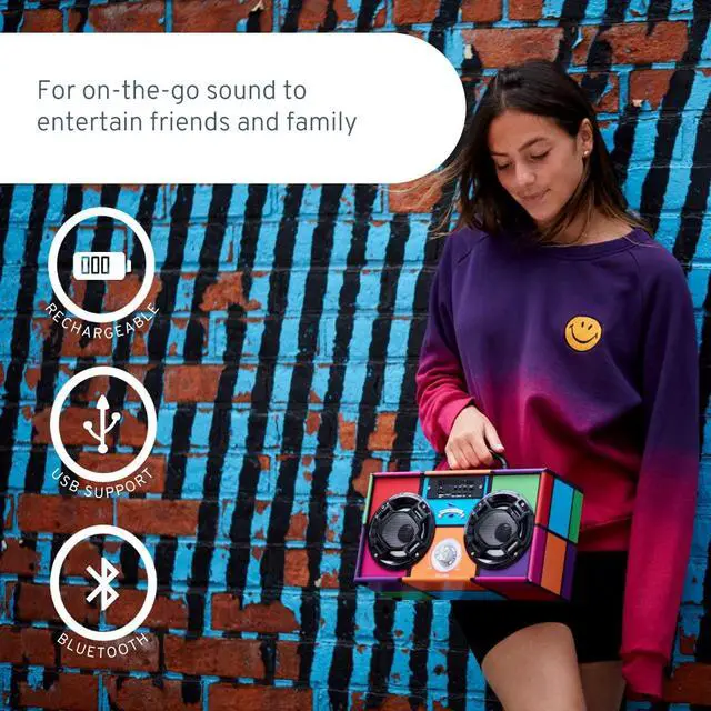 Alt view image 4 of 5 - Retro Boombox Bluetooth Speaker, Music Player w/FM Radio & LED Lights | Retro Speaker with LED Lights, Rechargeable Portable Bluetooth Speaker with USB & SD, AUX & Remote Control
