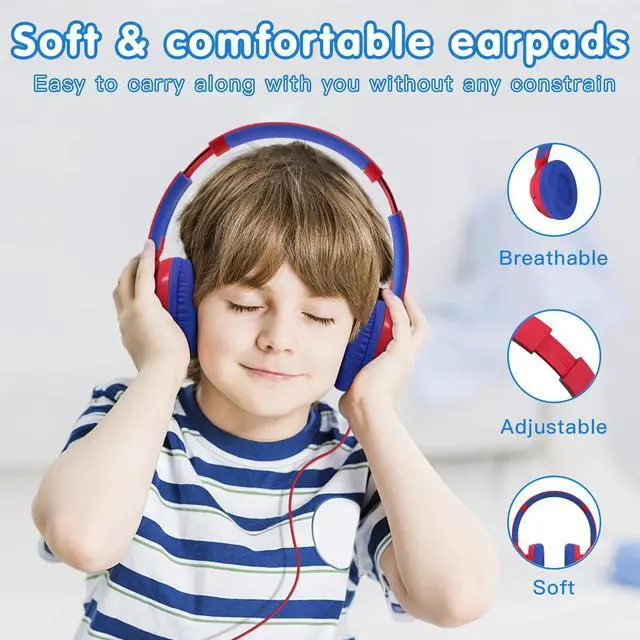 Alt view image 3 of 6 - Wired Kids Headphones, Safe 85dB Volume Limit for Boys & Girls, Comfortable Earpads, Foldable Design for School, Tablets, and Travel-RED