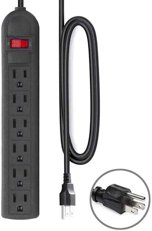 Main image of Extension Cord 6 ft - Long Power Strip Surge Protector, 6 AC Outlet Flat Plug, Wall Mount, Multi Plug Outlet Extender Desk Charging Station for Computer Home Office Dorm Room Essentials (Black)
