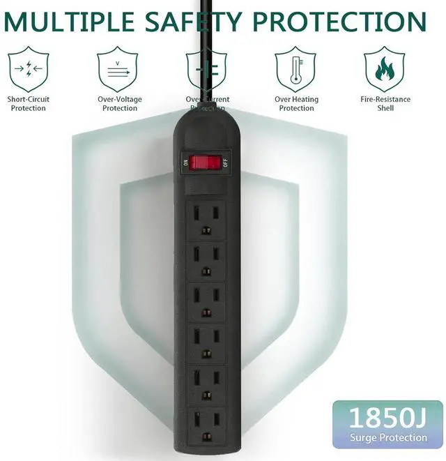 Alt view image 5 of 7 - Extension Cord 6 ft - Long Power Strip Surge Protector, 6 AC Outlet Flat Plug, Wall Mount, Multi Plug Outlet Extender Desk Charging Station for Computer Home Office Dorm Room Essentials (Black)