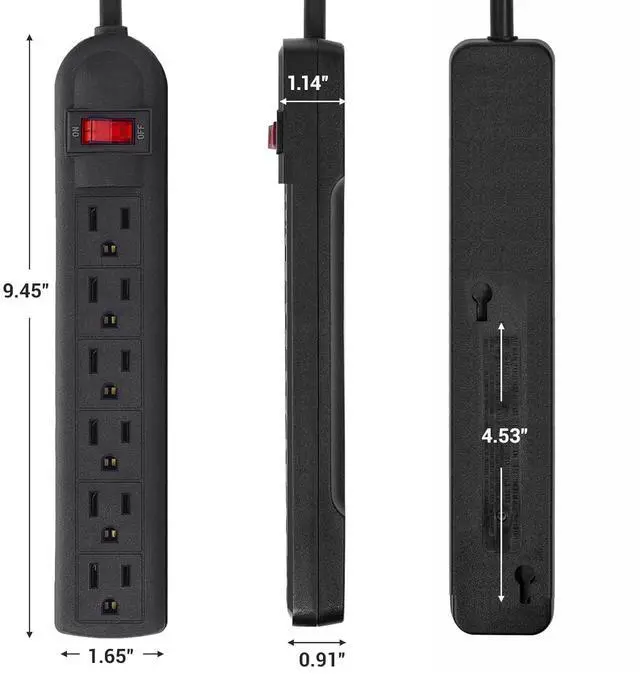 Alt view image 2 of 7 - Extension Cord 6 ft - Long Power Strip Surge Protector, 6 AC Outlet Flat Plug, Wall Mount, Multi Plug Outlet Extender Desk Charging Station for Computer Home Office Dorm Room Essentials (Black)