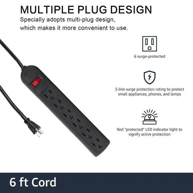 Alt view image 3 of 7 - Extension Cord 6 ft - Long Power Strip Surge Protector, 6 AC Outlet Flat Plug, Wall Mount, Multi Plug Outlet Extender Desk Charging Station for Computer Home Office Dorm Room Essentials (Black)