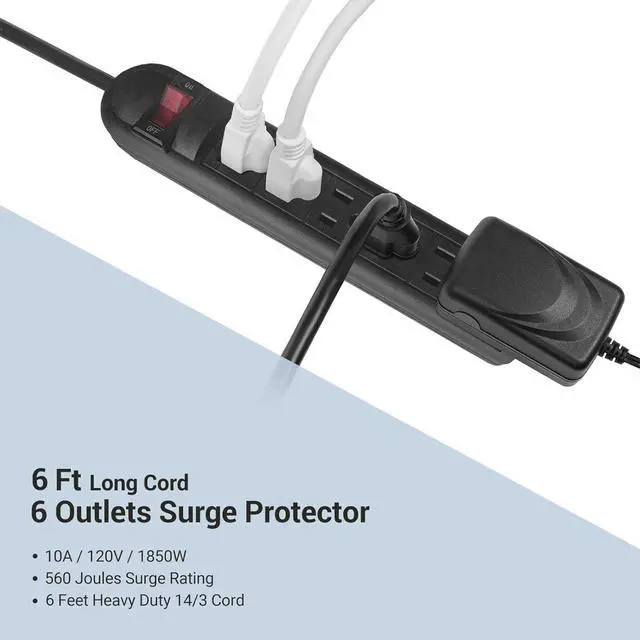 Alt view image 4 of 7 - Extension Cord 6 ft - Long Power Strip Surge Protector, 6 AC Outlet Flat Plug, Wall Mount, Multi Plug Outlet Extender Desk Charging Station for Computer Home Office Dorm Room Essentials (Black)