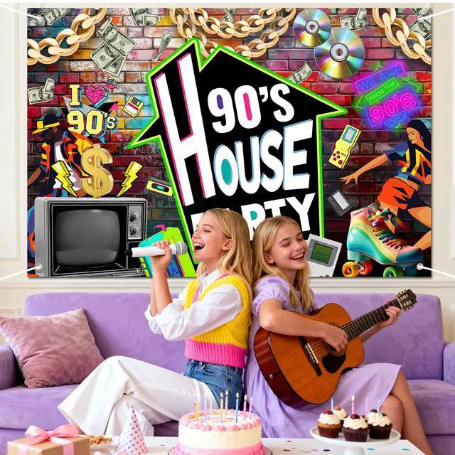 Alt view image 4 of 6 - Retro 90s Birthday Banner Graffiti Backdrop for 90s Themed Party Supplies Old School House Party Decorations for 30th 40th Birthday Graduation Throwback Party 98x65 Inch