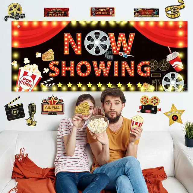Alt view image 4 of 7 - 15 Pcs Light Movie Party Decorations Movie Theme Backdrop Movie Banner Now Showing Banner with Movie Night Paper Cutouts Red Carpet Photography Background for Home Film Party Supplies