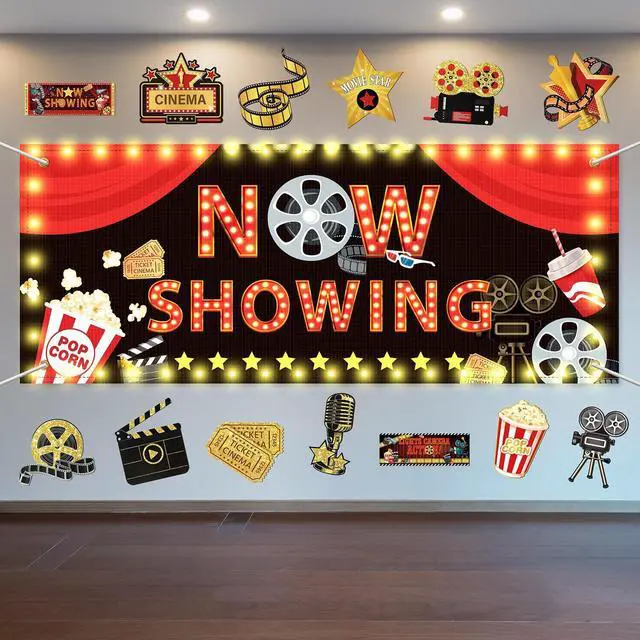 Main image of 15 Pcs Light Movie Party Decorations Movie Theme Backdrop Movie Banner Now Showing Banner with Movie Night Paper Cutouts Red Carpet Photography Background for Home Film Party Supplies