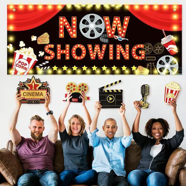 Alt view image 5 of 7 - 15 Pcs Light Movie Party Decorations Movie Theme Backdrop Movie Banner Now Showing Banner with Movie Night Paper Cutouts Red Carpet Photography Background for Home Film Party Supplies