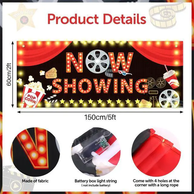Alt view image 3 of 7 - 15 Pcs Light Movie Party Decorations Movie Theme Backdrop Movie Banner Now Showing Banner with Movie Night Paper Cutouts Red Carpet Photography Background for Home Film Party Supplies