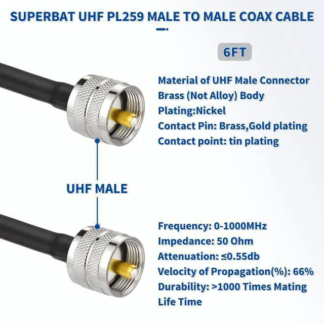 Alt view image 2 of 6 - PL259 Cable 6ft CB Cable RG58 PL-259 UHF Male to Male Jumper | 50 Ohm Coax for SWR Meter Ham Radio Antenna Tuner Amateur Radio, Antenna Analyzer
