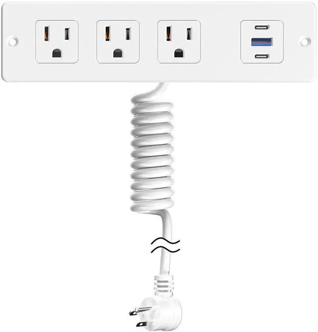 Main image of Recessed Furniture Drawer Outlet with 3 Fast-Charging USB Ports & 3 AC Outlets 5 FT Spring Cord- White