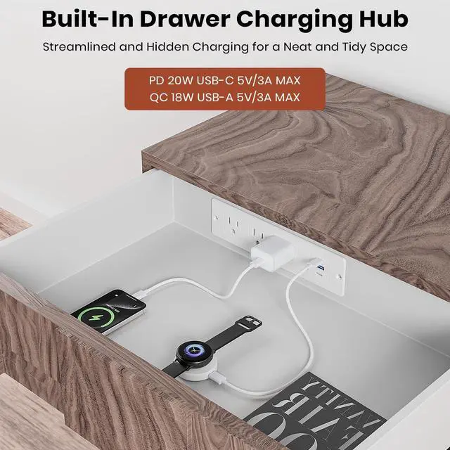 Alt view image 3 of 7 - Recessed Furniture Drawer Outlet with 3 Fast-Charging USB Ports & 3 AC Outlets 5 FT Spring Cord- White