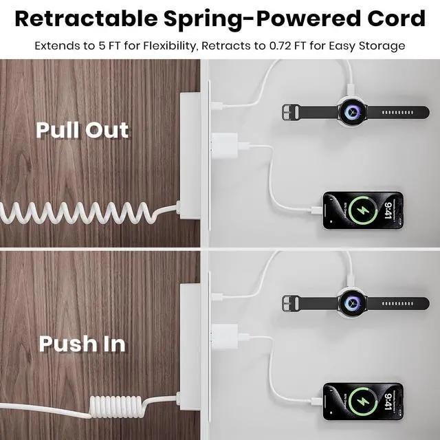 Alt view image 4 of 7 - Recessed Furniture Drawer Outlet with 3 Fast-Charging USB Ports & 3 AC Outlets 5 FT Spring Cord- White