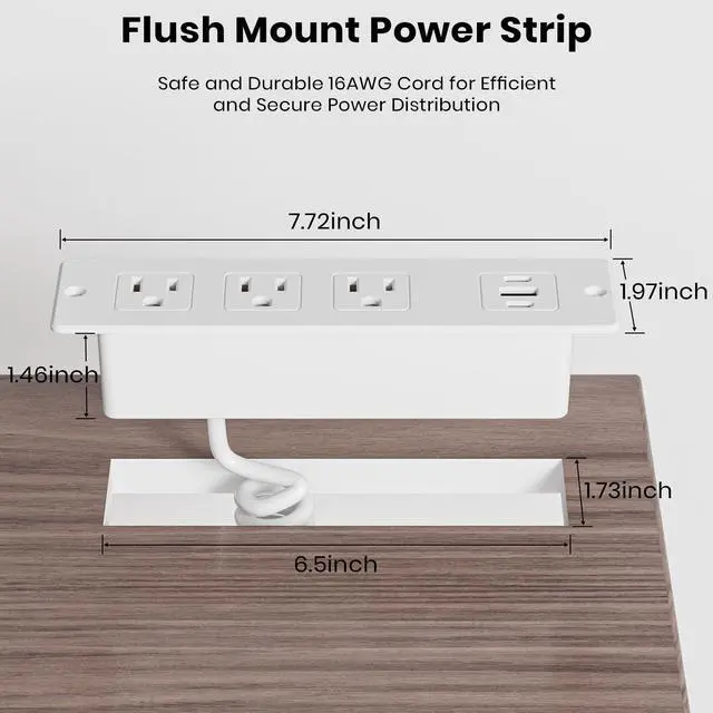 Alt view image 6 of 7 - Recessed Furniture Drawer Outlet with 3 Fast-Charging USB Ports & 3 AC Outlets 5 FT Spring Cord- White