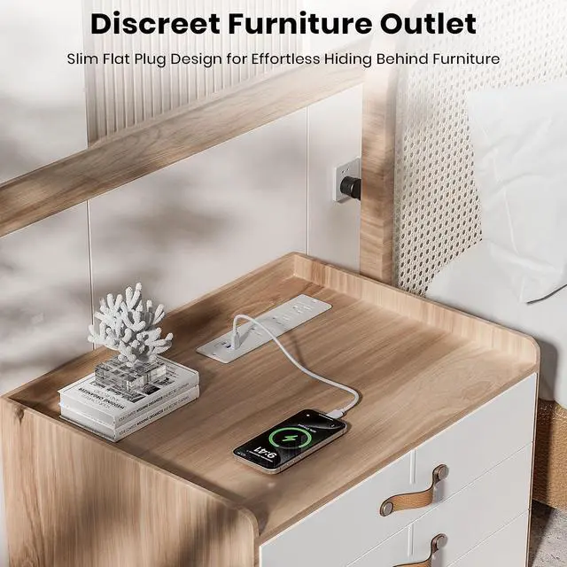 Alt view image 7 of 7 - Recessed Furniture Drawer Outlet with 3 Fast-Charging USB Ports & 3 AC Outlets 5 FT Spring Cord- White