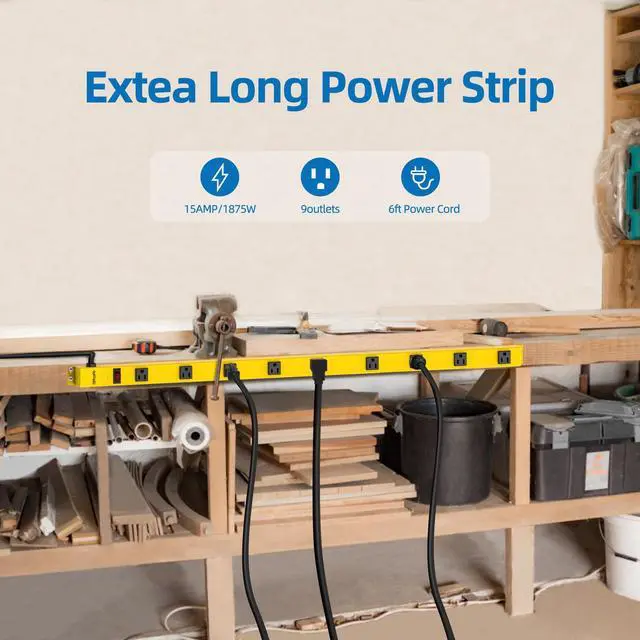 Alt view image 2 of 7 - Metal Power Strip, 9 Widely Space Outlets, Wall Mountable Power Strip Surge Protector, 6 FT Extension Cord,15A/1875W, ETL Listed (9 Outlet)