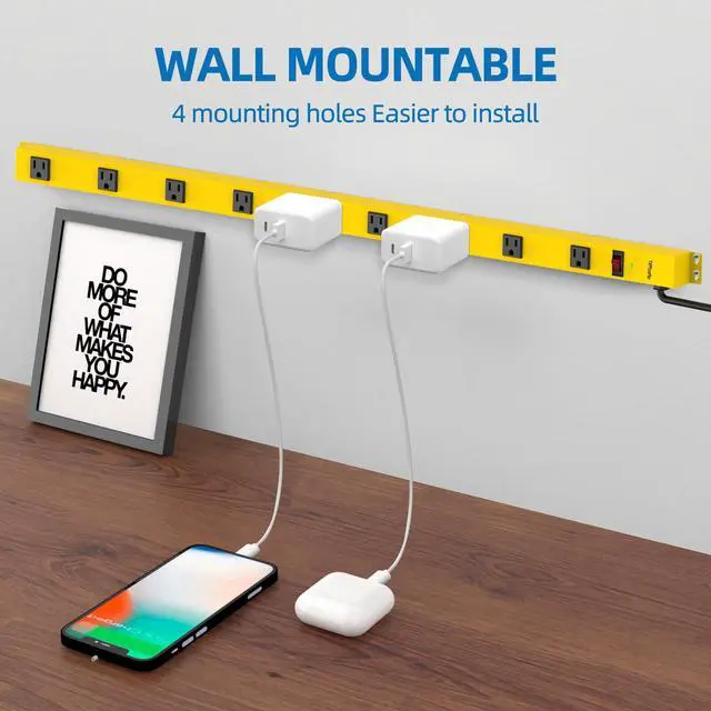 Alt view image 4 of 7 - Metal Power Strip, 9 Widely Space Outlets, Wall Mountable Power Strip Surge Protector, 6 FT Extension Cord,15A/1875W, ETL Listed (9 Outlet)