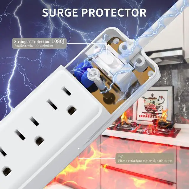 Alt view image 3 of 7 - 2 Pack Surge Protector Power Strip, 6-Outlet Slim Extension Cord with 3 USB Ports (2.4A), 5Ft Long Power Strips & Surge Protectors, 15A/1875W with Switch for Home Office, ETL Listed, White