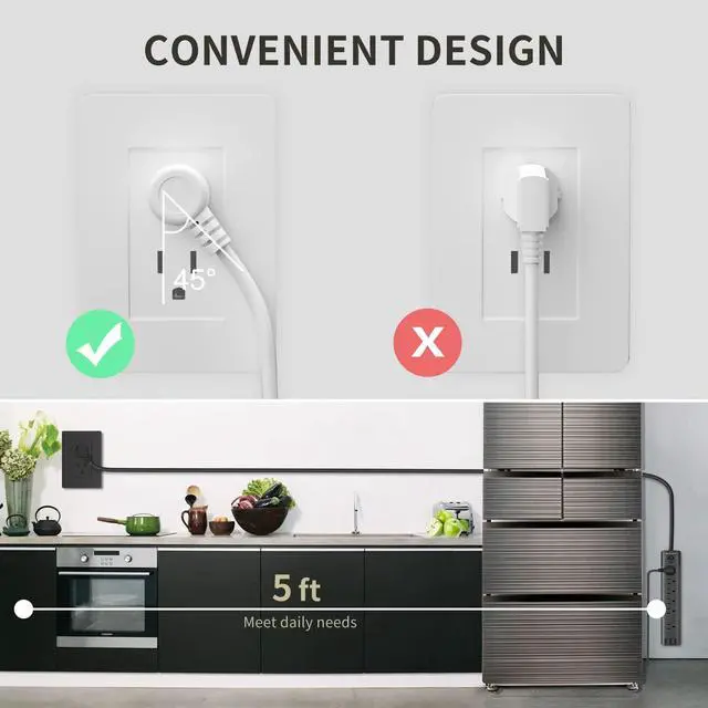 Alt view image 4 of 7 - 2 Pack Surge Protector Power Strip, 6-Outlet Slim Extension Cord with 3 USB Ports (2.4A), 5Ft Long Power Strips & Surge Protectors, 15A/1875W with Switch for Home Office, ETL Listed, White