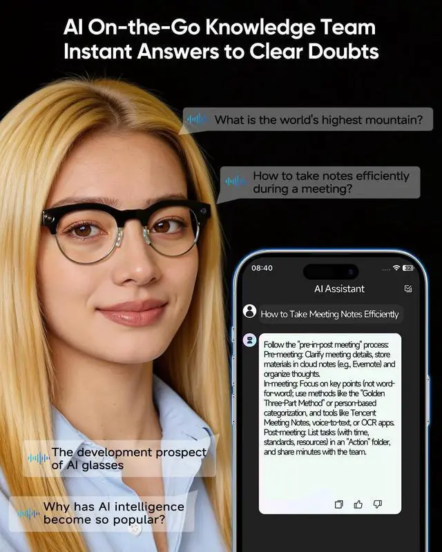 Alt view image 2 of 7 - AI Smart Camera Glasses, 8MP 1080P HD Video Recording, Stylish Half-Frame Oval Design, Open-Ear Bluetooth Audio, AI Assistant & Translation, Black