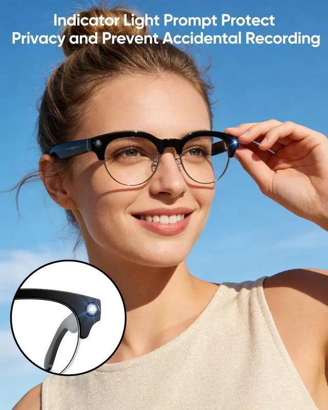 Alt view image 5 of 7 - AI Smart Camera Glasses, 8MP 1080P HD Video Recording, Stylish Half-Frame Oval Design, Open-Ear Bluetooth Audio, AI Assistant & Translation, Black