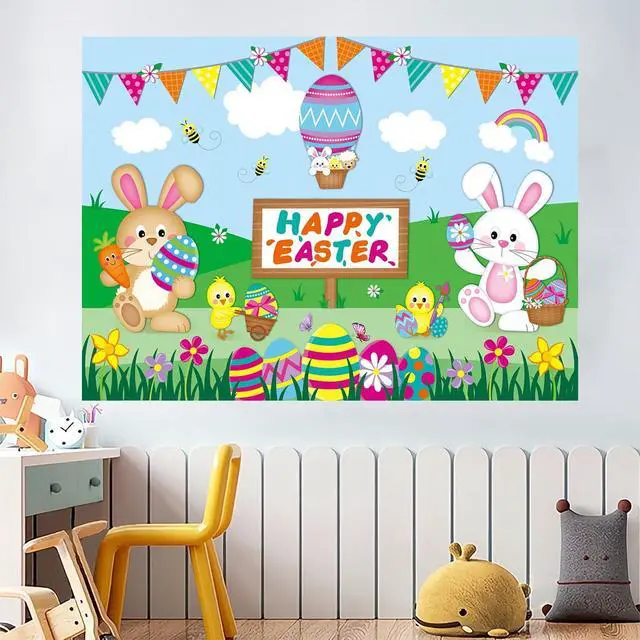 Alt view image 5 of 7 - 8x6ft Happy Easter Backdrop Banner Colorful Eggs Bunny Birthday Photography Background for Kids Spring Easter Party Decorations Large Fabric Photo Booth Supplies Indoor Outdoor