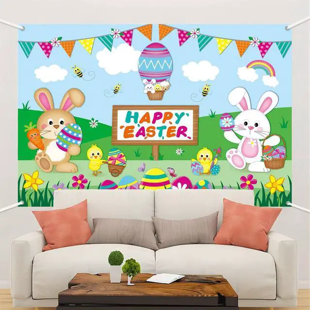 Alt view image 2 of 7 - 8x6ft Happy Easter Backdrop Banner Colorful Eggs Bunny Birthday Photography Background for Kids Spring Easter Party Decorations Large Fabric Photo Booth Supplies Indoor Outdoor